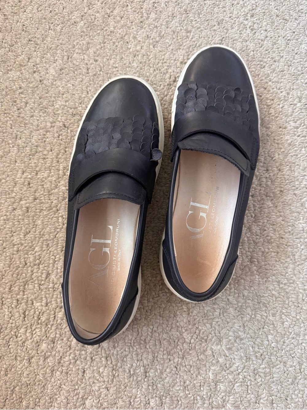 AGL Black Leather Slip-On Sneakers with Scallop Overlay